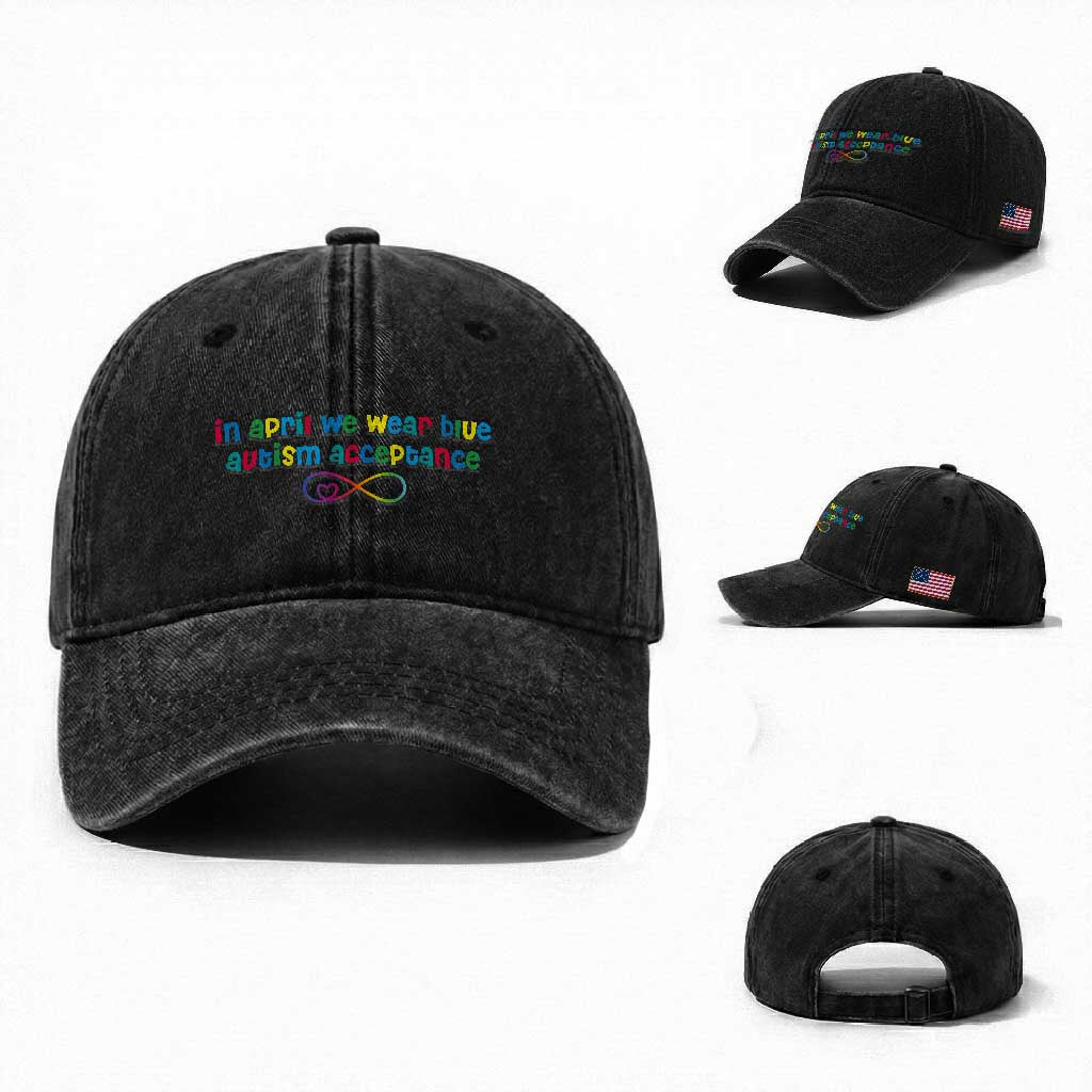 Autism Acceptance Washed Cotton Baseball Cap Neurodivergent Support Infinity Heart Symbol TS14 Washed Cap Universal Fit Black Print Your Wear