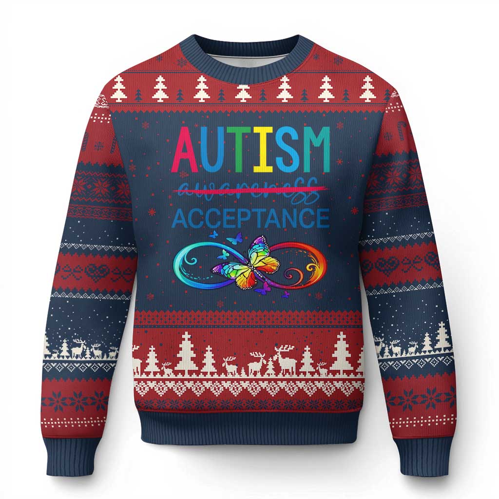 Autism Acceptance Ugly Christmas Sweater Neurodivergent Support Infinity Butterfly Symbol TS14 Navy Red Print Your Wear