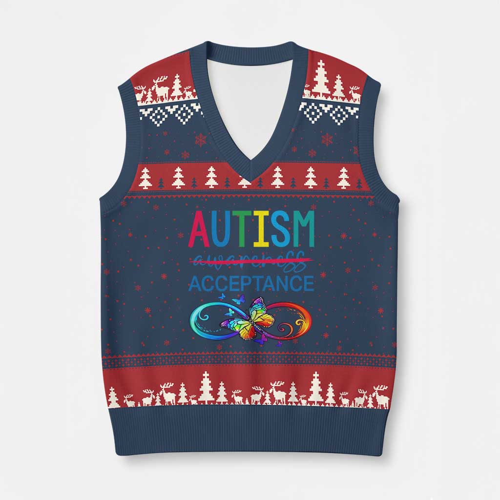 Autism Acceptance V-Neck Knit Sweater Vest Neurodivergent Support Infinity Butterfly Symbol TS14 Navy Red Print Your Wear