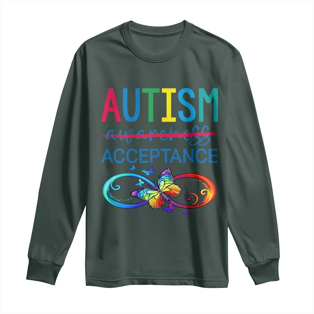 Autism Acceptance Long Sleeve Shirt - Neurodivergent Support Infinity Butterfly Symbol TS14 Dark Forest Green Print Your Wear