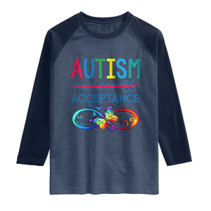 Autism Acceptance Raglan Shirt Neurodivergent Support Infinity Butterfly Symbol TS14 Heather Denim Navy Print Your Wear