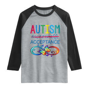 Autism Acceptance Raglan Shirt Neurodivergent Support Infinity Butterfly Symbol TS14 Heather Gray Black Print Your Wear