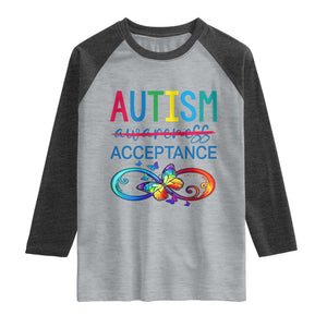 Autism Acceptance Raglan Shirt Neurodivergent Support Infinity Butterfly Symbol TS14 Heather Gray Heather Charcoal Print Your Wear