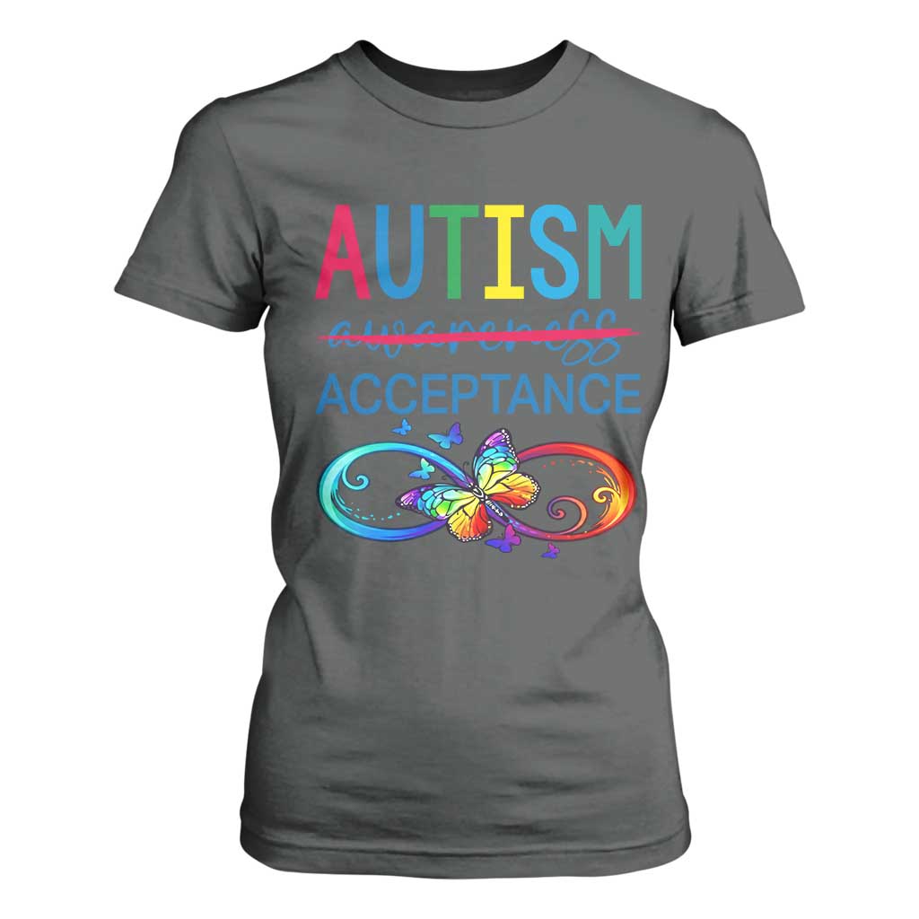 Autism Acceptance T Shirt For Women - Neurodivergent Support Infinity Butterfly Symbol TS14 Dark Heather Print Your Wear