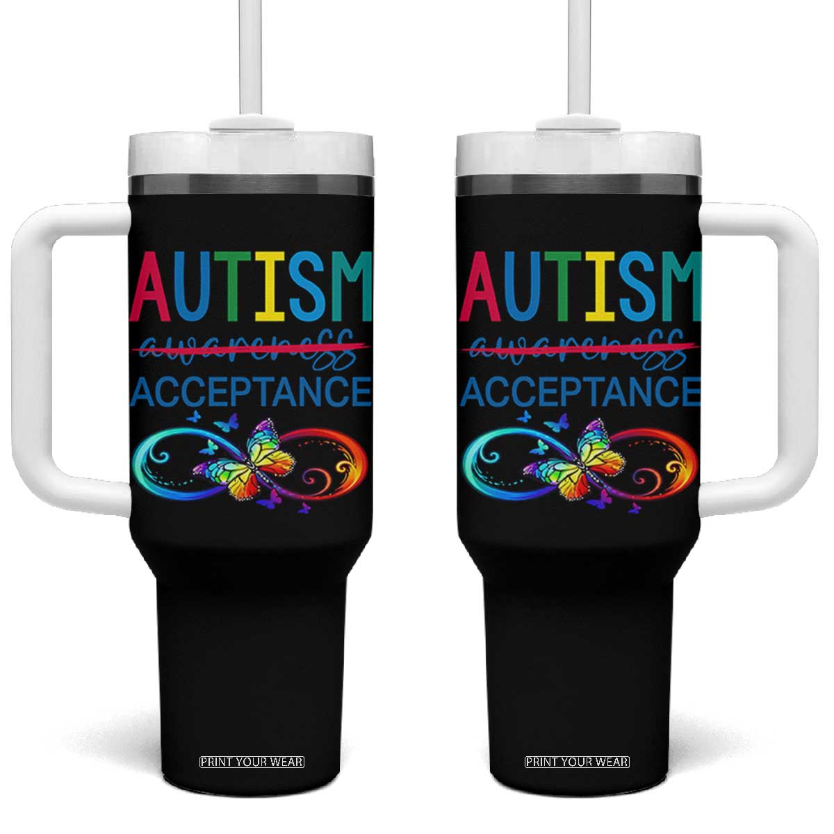 Autism Acceptance Tumbler With Handle Neurodivergent Support Infinity Butterfly Symbol TS14 One Size: 40 oz Black Print Your Wear