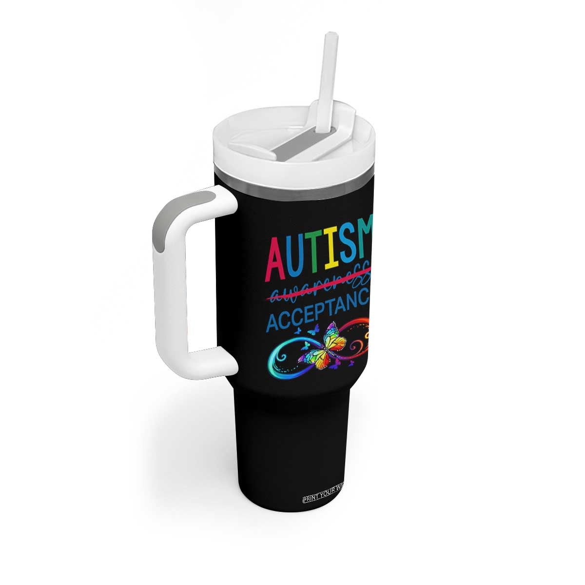 Autism Acceptance Tumbler With Handle Neurodivergent Support Infinity Butterfly Symbol TS14 Print Your Wear
