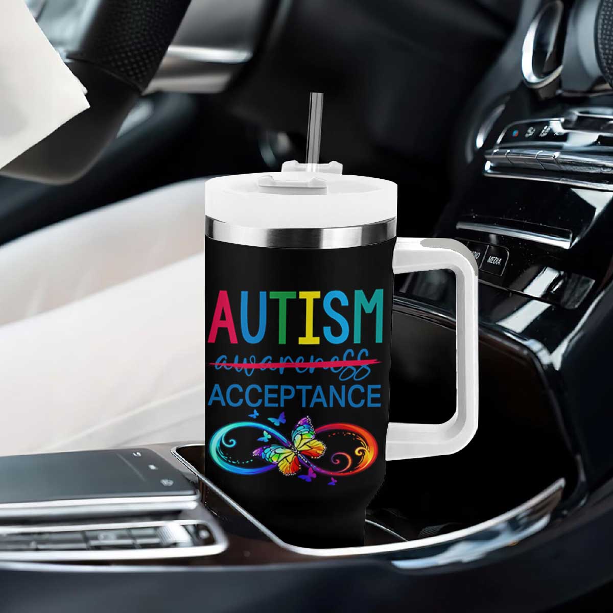 Autism Acceptance Tumbler With Handle Neurodivergent Support Infinity Butterfly Symbol TS14 Print Your Wear