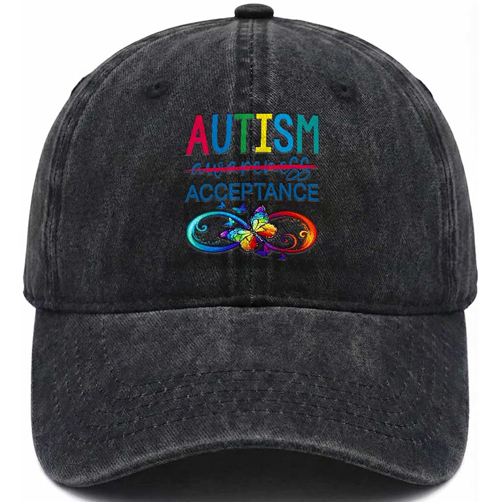 Autism Acceptance Washed Cotton Baseball Cap Neurodivergent Support Infinity Butterfly Symbol TS14 Print Your Wear