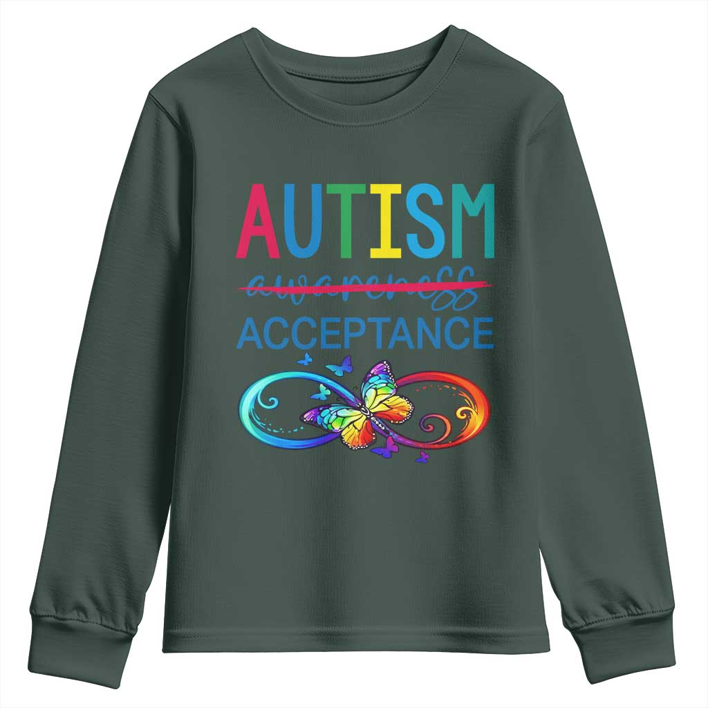 Autism Acceptance Youth Sweatshirt - Neurodivergent Support Infinity Butterfly Symbol TS14 Dark Forest Green Print Your Wear