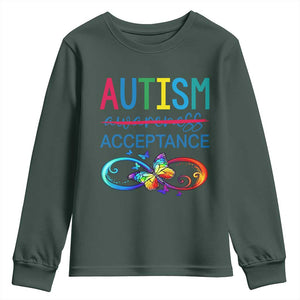 Autism Acceptance Youth Sweatshirt - Neurodivergent Support Infinity Butterfly Symbol TS14 Dark Forest Green Print Your Wear