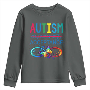Autism Acceptance Youth Sweatshirt - Neurodivergent Support Infinity Butterfly Symbol TS14 Dark Heather Print Your Wear