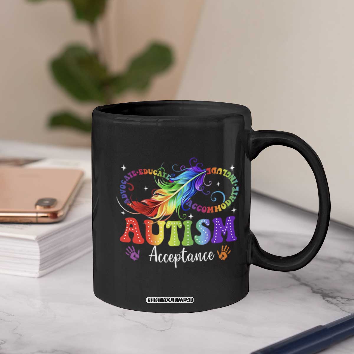 Autism Acceptance Coffee Mug Neurodivergent Support Rainbow Feather Infinity Symbol TS14 Print Your Wear