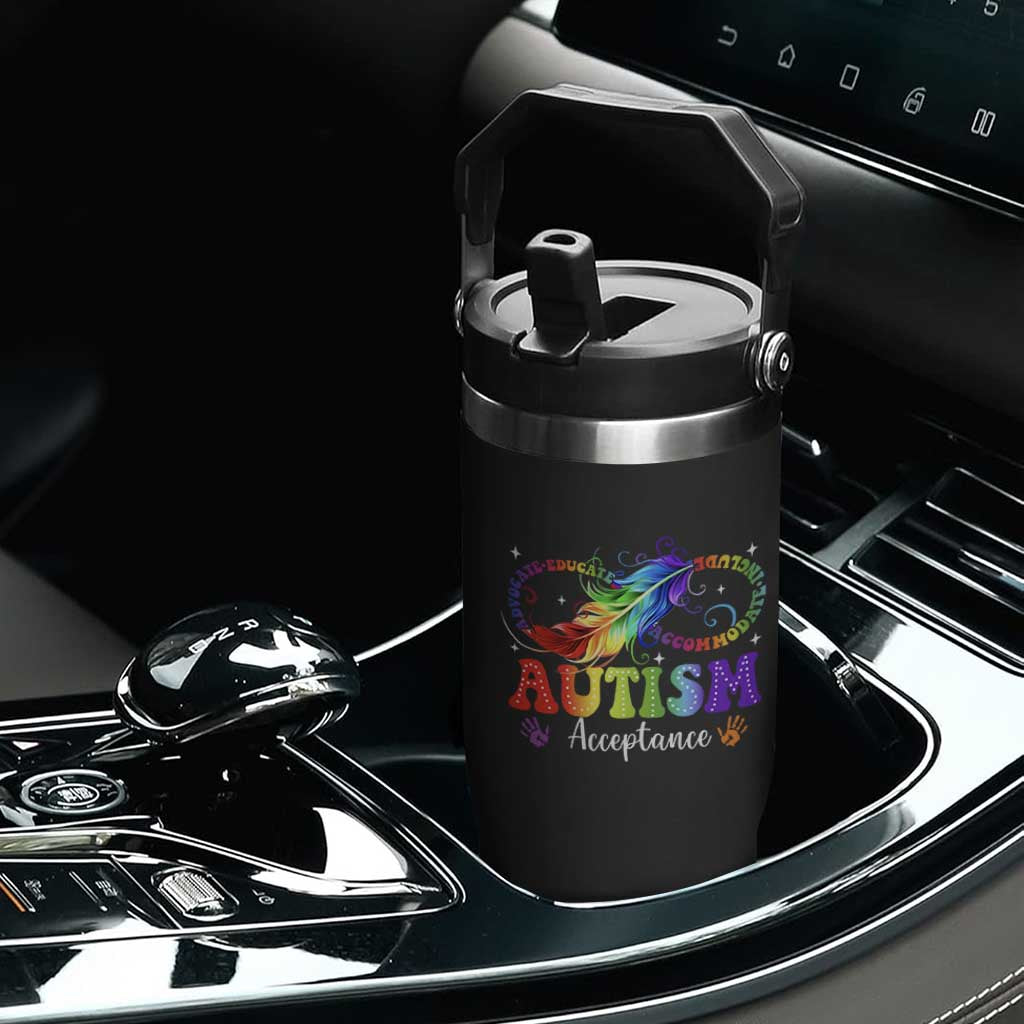Autism Acceptance Flip Straw Tumbler Neurodivergent Support Rainbow Feather Infinity Symbol TS14 Print Your Wear