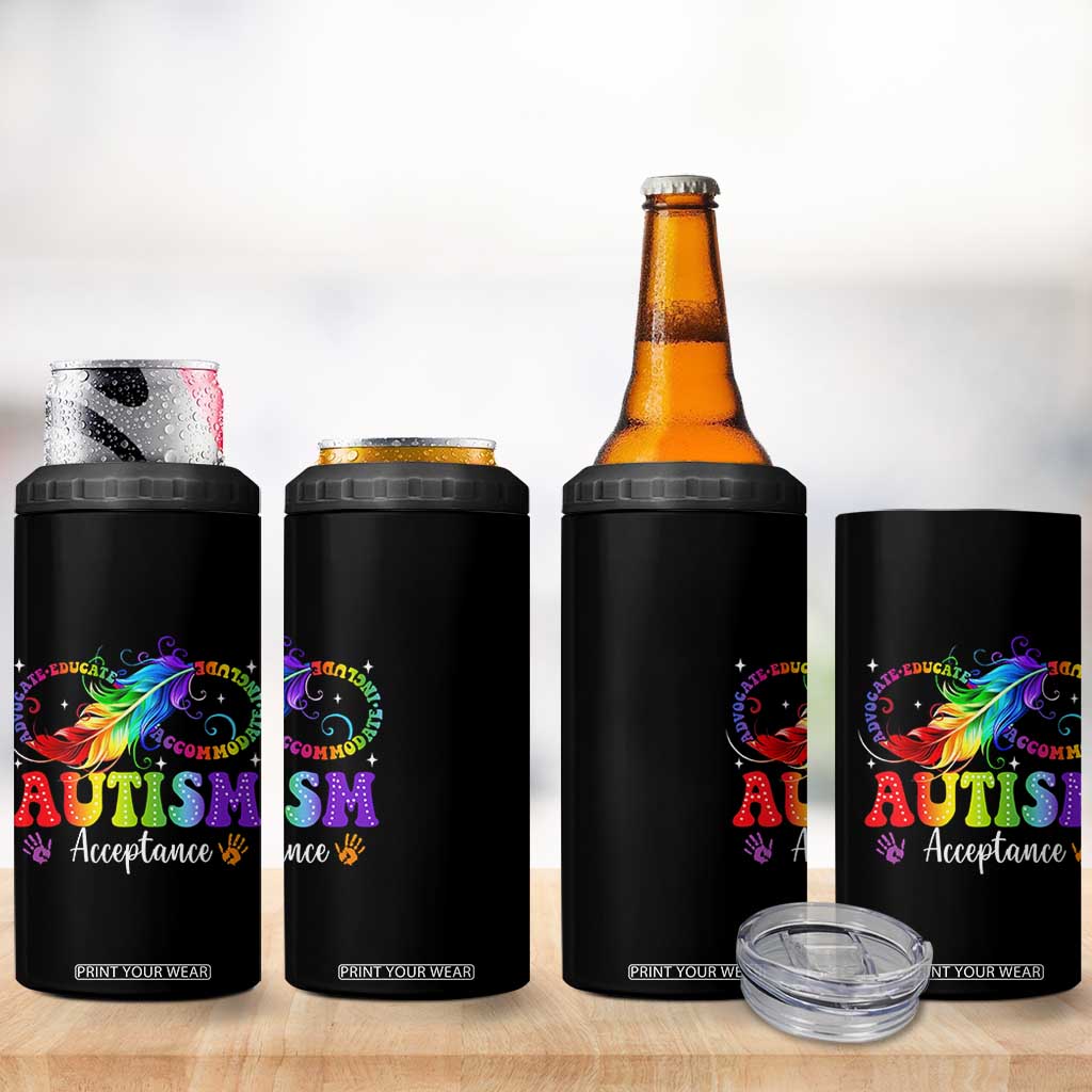 Autism Acceptance 4 in 1 Can Cooler Tumbler Neurodivergent Support Rainbow Feather Infinity Symbol TS14 Print Your Wear
