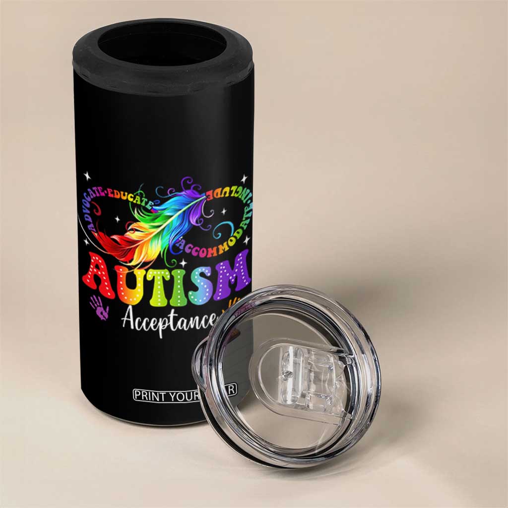 Autism Acceptance 4 in 1 Can Cooler Tumbler Neurodivergent Support Rainbow Feather Infinity Symbol TS14 Print Your Wear