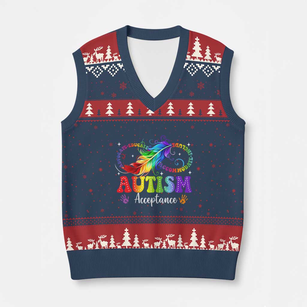 Autism Acceptance V-Neck Knit Sweater Vest Neurodivergent Support Rainbow Feather Infinity Symbol TS14 Navy Red Print Your Wear