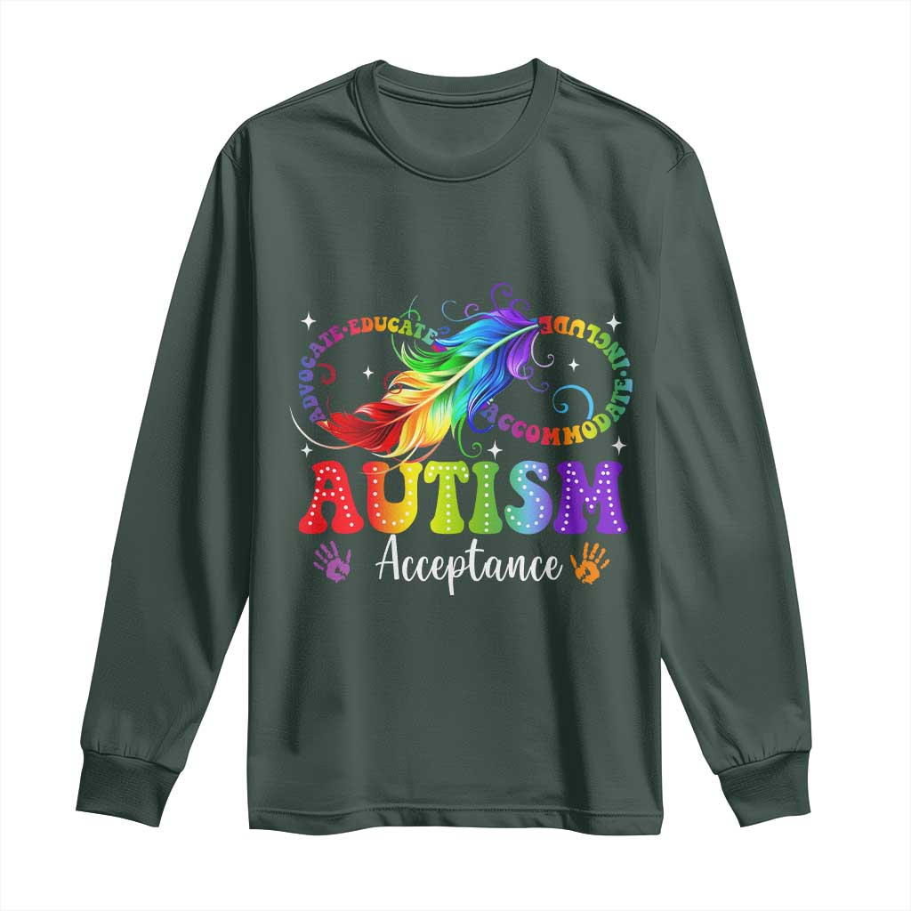 Autism Acceptance Long Sleeve Shirt - Neurodivergent Support Rainbow Feather Infinity Symbol TS14 Dark Forest Green Print Your Wear