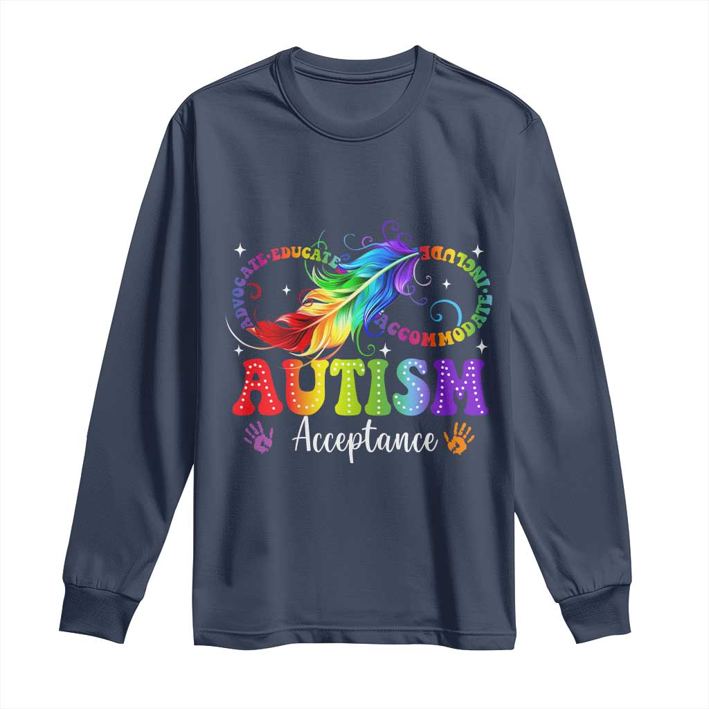 Autism Acceptance Long Sleeve Shirt - Neurodivergent Support Rainbow Feather Infinity Symbol TS14 Navy Print Your Wear