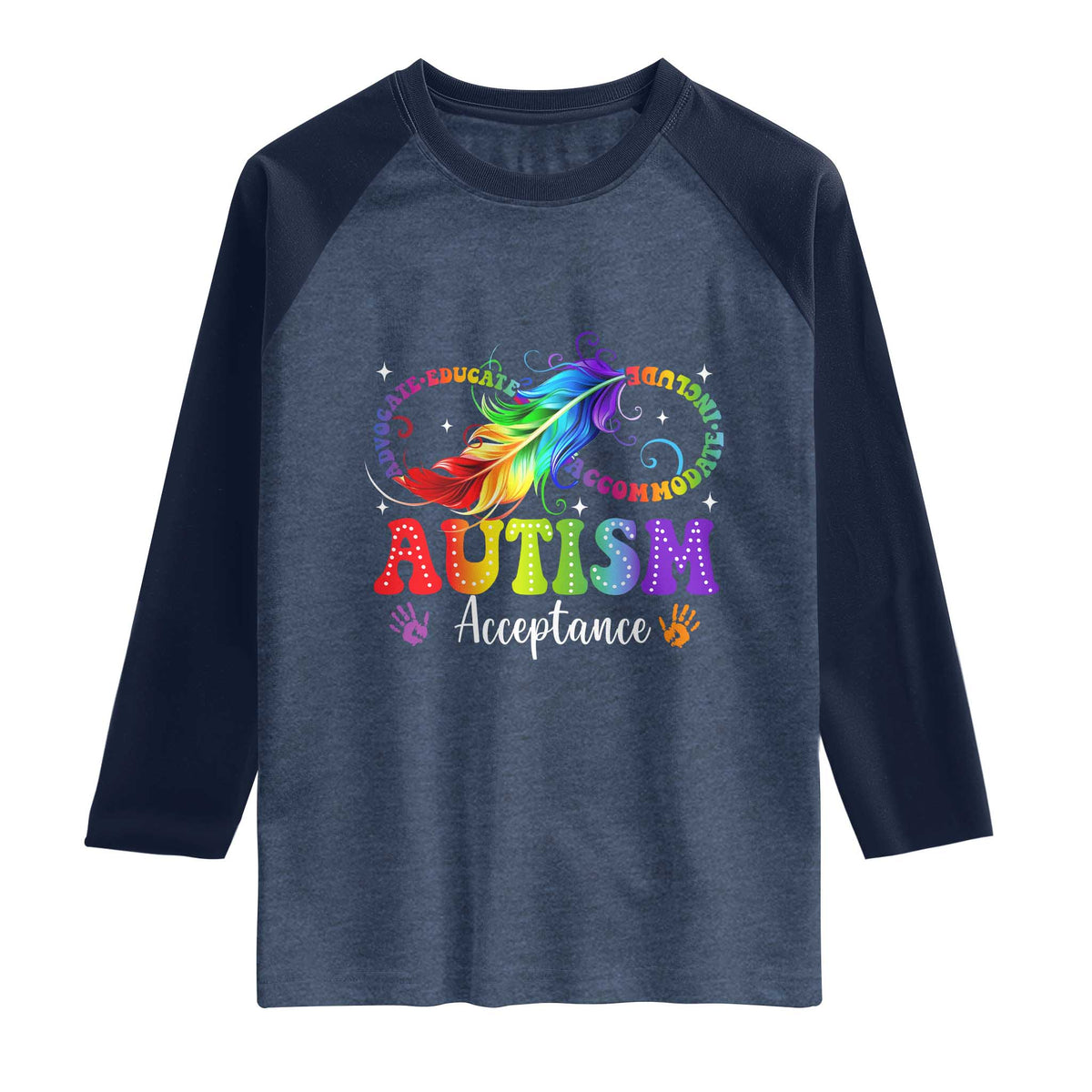 Autism Acceptance Raglan Shirt Neurodivergent Support Rainbow Feather Infinity Symbol TS14 Heather Denim Navy Print Your Wear