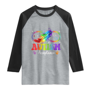 Autism Acceptance Raglan Shirt Neurodivergent Support Rainbow Feather Infinity Symbol TS14 Heather Gray Black Print Your Wear