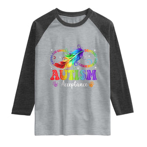 Autism Acceptance Raglan Shirt Neurodivergent Support Rainbow Feather Infinity Symbol TS14 Heather Gray Heather Charcoal Print Your Wear