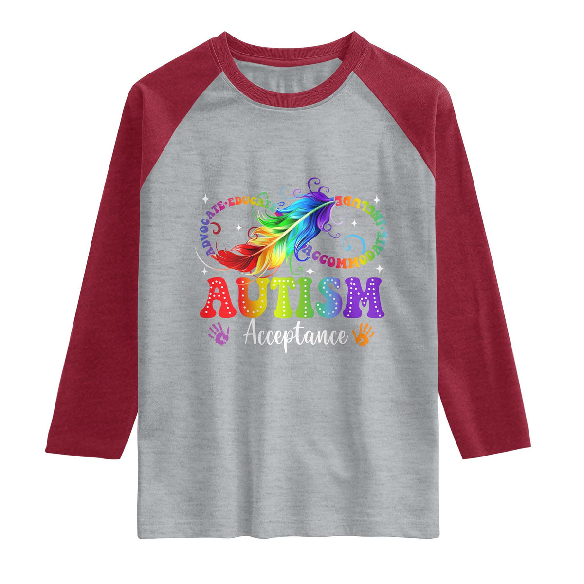 Autism Acceptance Raglan Shirt Neurodivergent Support Rainbow Feather Infinity Symbol TS14 Heather Gray Heather Red Print Your Wear