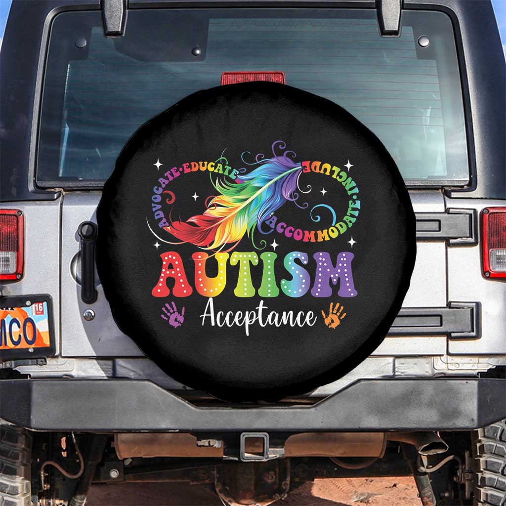 Autism Acceptance Spare Tire Cover Neurodivergent Support Rainbow Feather Infinity Symbol TS14 No hole Black Print Your Wear