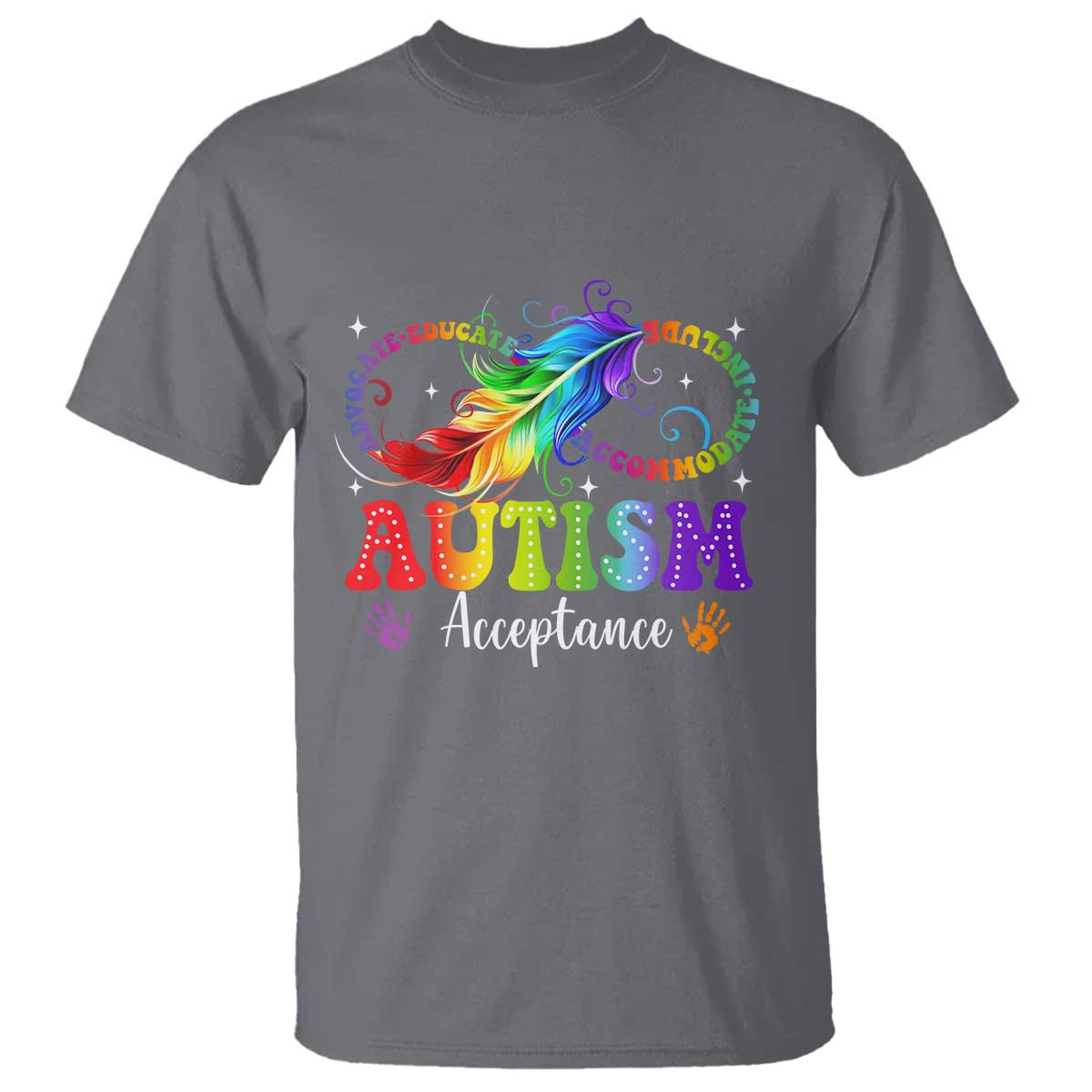 Autism Acceptance T Shirt - Neurodivergent Support Rainbow Feather Infinity Symbol TS14 Charcoal Print Your Wear