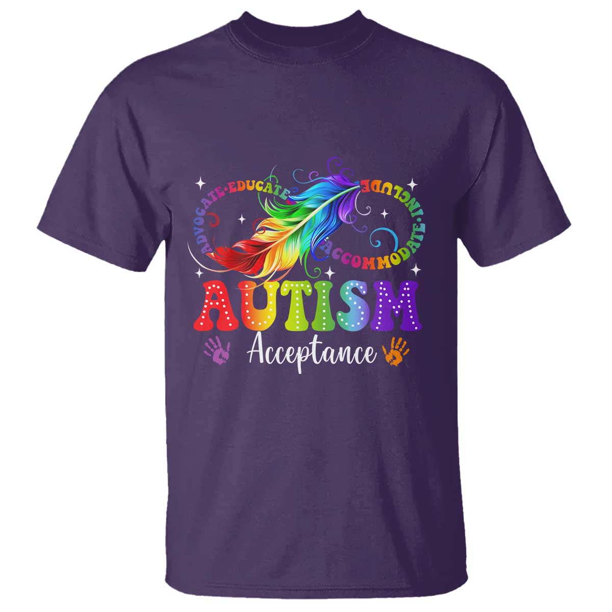 Autism Acceptance T Shirt - Neurodivergent Support Rainbow Feather Infinity Symbol TS14 Purple Print Your Wear