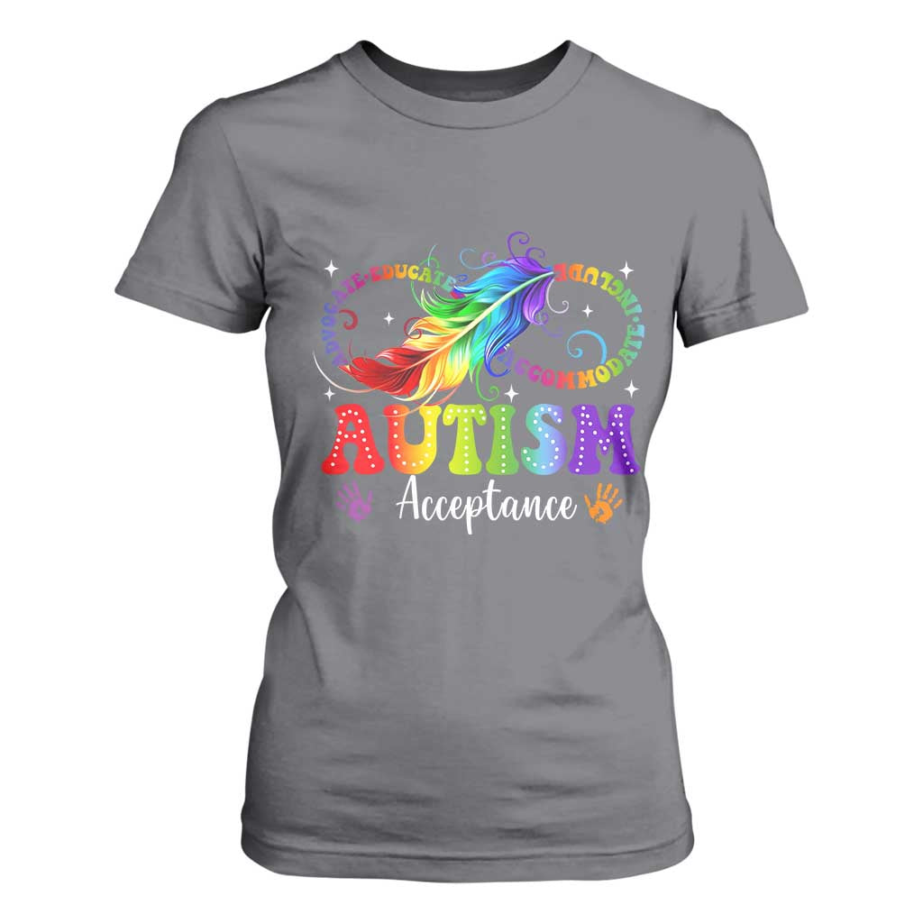 Autism Acceptance T Shirt For Women Neurodivergent Support Rainbow Feather Infinity Symbol TS14 Charcoal Print Your Wear