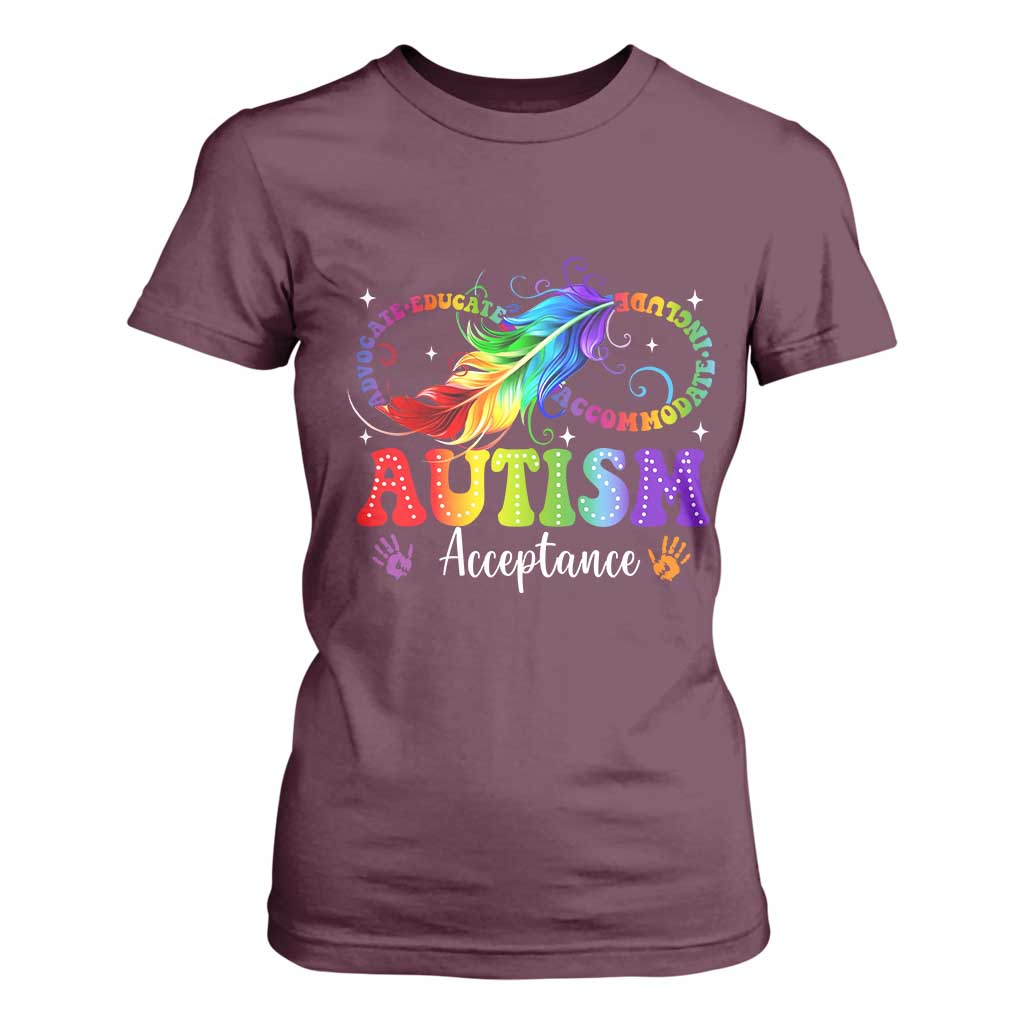 Autism Acceptance T Shirt For Women Neurodivergent Support Rainbow Feather Infinity Symbol TS14 Maroon Print Your Wear