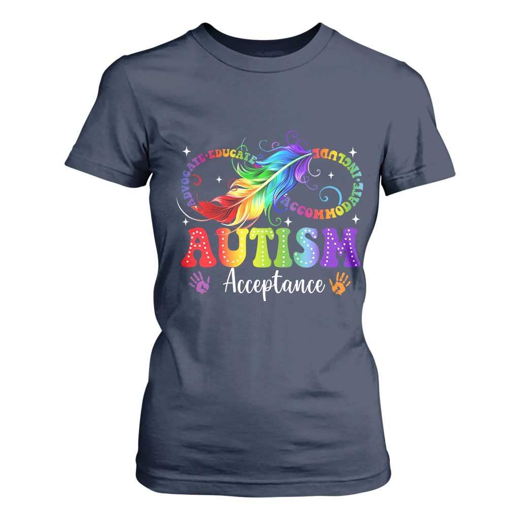 Autism Acceptance T Shirt For Women Neurodivergent Support Rainbow Feather Infinity Symbol TS14 Navy Print Your Wear