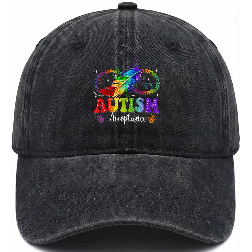 Autism Acceptance Washed Cotton Baseball Cap Neurodivergent Support Rainbow Feather Infinity Symbol TS14 Print Your Wear