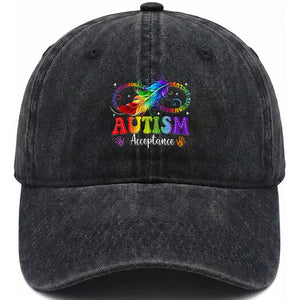 Autism Acceptance Washed Cotton Baseball Cap Neurodivergent Support Rainbow Feather Infinity Symbol TS14 Print Your Wear
