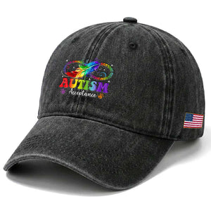 Autism Acceptance Washed Cotton Baseball Cap Neurodivergent Support Rainbow Feather Infinity Symbol TS14 Print Your Wear