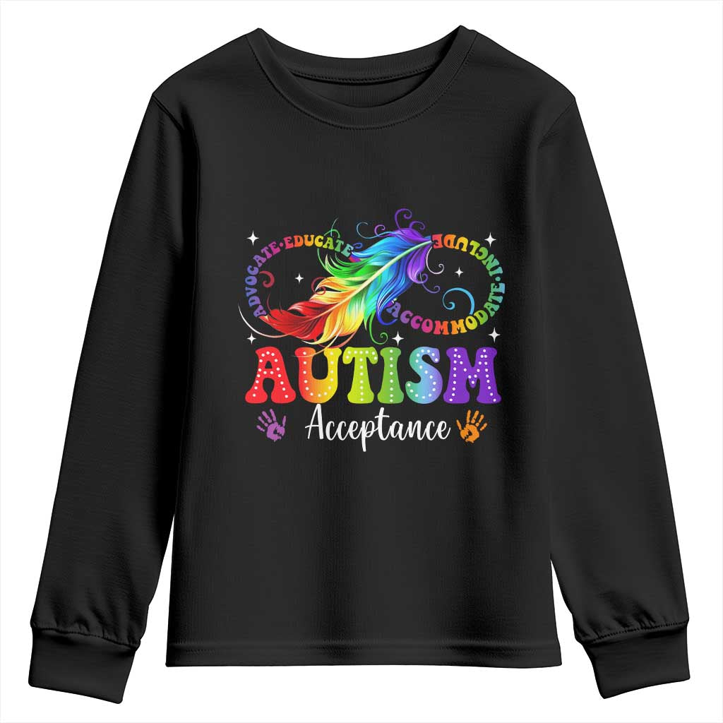 Autism Acceptance Youth Sweatshirt - Neurodivergent Support Rainbow Feather Infinity Symbol TS14 Black Print Your Wear
