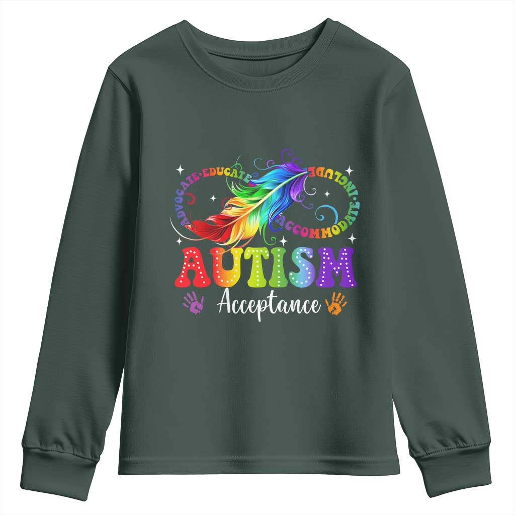 Autism Acceptance Youth Sweatshirt - Neurodivergent Support Rainbow Feather Infinity Symbol TS14 Dark Forest Green Print Your Wear