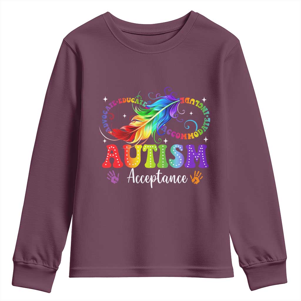 Autism Acceptance Youth Sweatshirt - Neurodivergent Support Rainbow Feather Infinity Symbol TS14 Maroon Print Your Wear