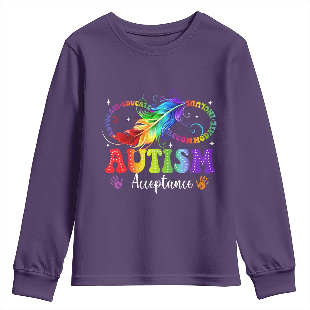 Autism Acceptance Youth Sweatshirt - Neurodivergent Support Rainbow Feather Infinity Symbol TS14 Purple Print Your Wear