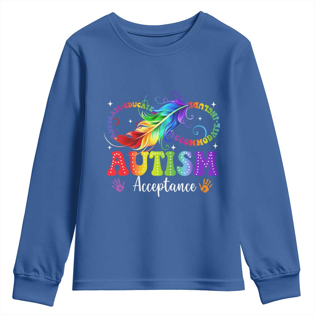 Autism Acceptance Youth Sweatshirt - Neurodivergent Support Rainbow Feather Infinity Symbol TS14 Royal Blue Print Your Wear