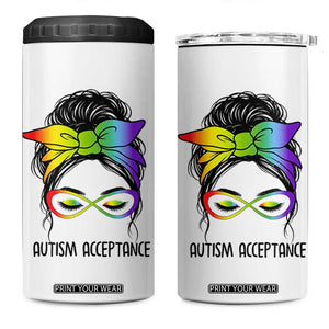 Autism Acceptance 4 in 1 Can Cooler Tumbler Neurodiversity Awareness Messy Bun Women TS14 One Size: 16 oz White Print Your Wear