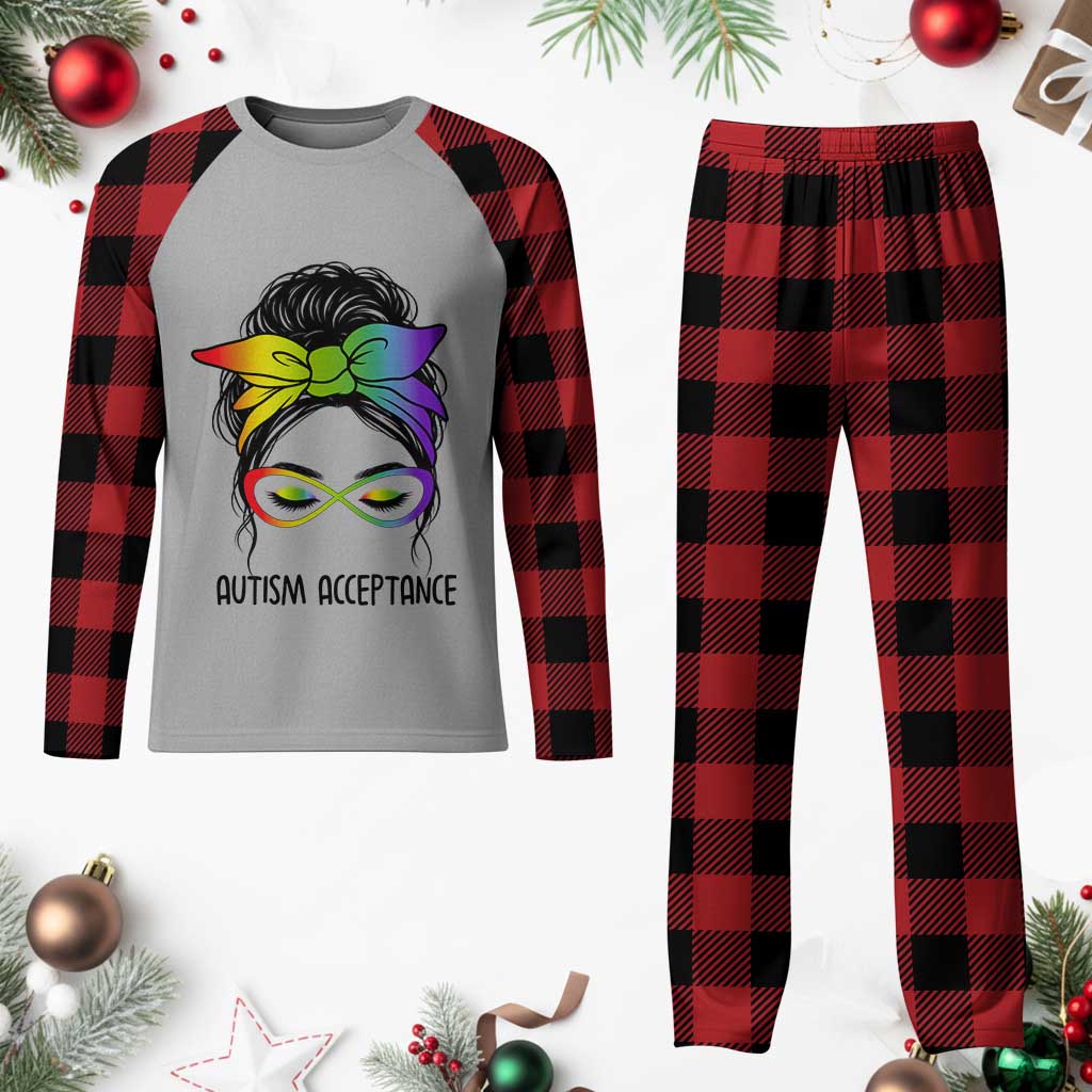 Autism Acceptance Plaid Pajama Set Neurodiversity Awareness Messy Bun Women TS14 Buffalo Plaid Print Your Wear