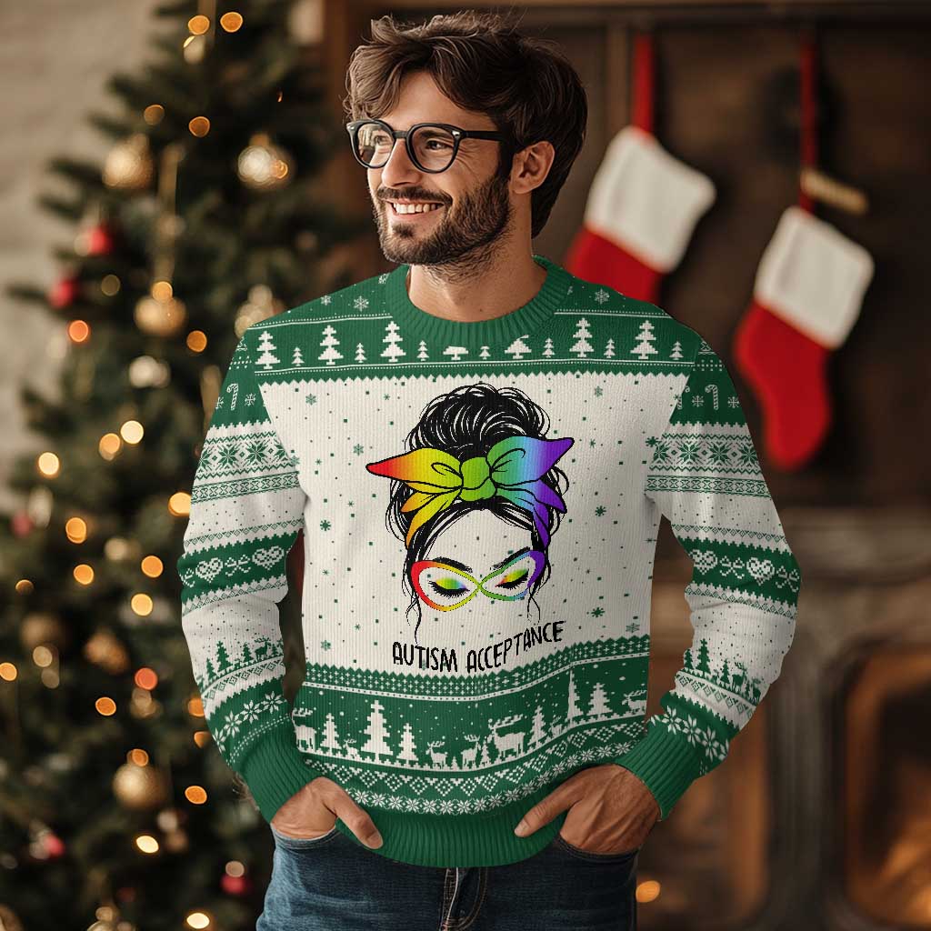 Autism Acceptance Ugly Christmas Sweater Neurodiversity Awareness Messy Bun Women TS14 Beige Green Print Your Wear