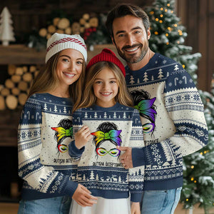 Autism Acceptance Ugly Christmas Sweater Neurodiversity Awareness Messy Bun Women TS14 Beige Navy Print Your Wear