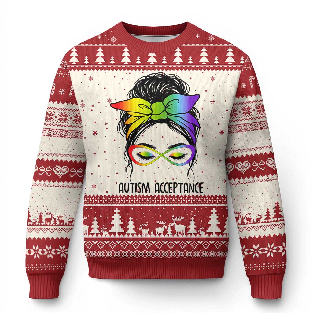 Autism Acceptance Ugly Christmas Sweater Neurodiversity Awareness Messy Bun Women TS14 Beige Red Print Your Wear