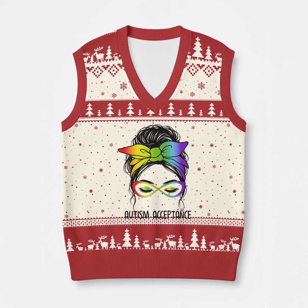 Autism Acceptance V-Neck Knit Sweater Vest Neurodiversity Awareness Messy Bun Women TS14 Beige Red Print Your Wear