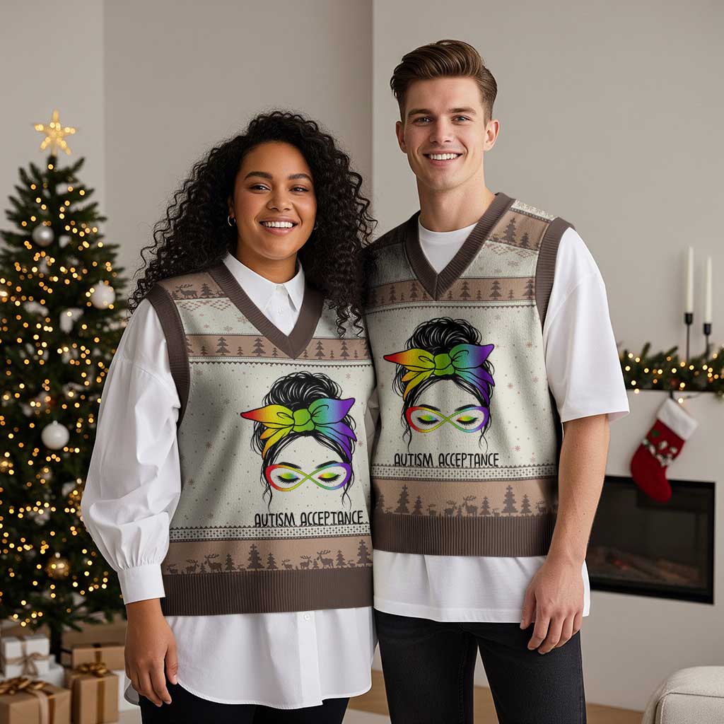 Autism Acceptance V-Neck Knit Sweater Vest Neurodiversity Awareness Messy Bun Women TS14 Mocha Mousse Print Your Wear