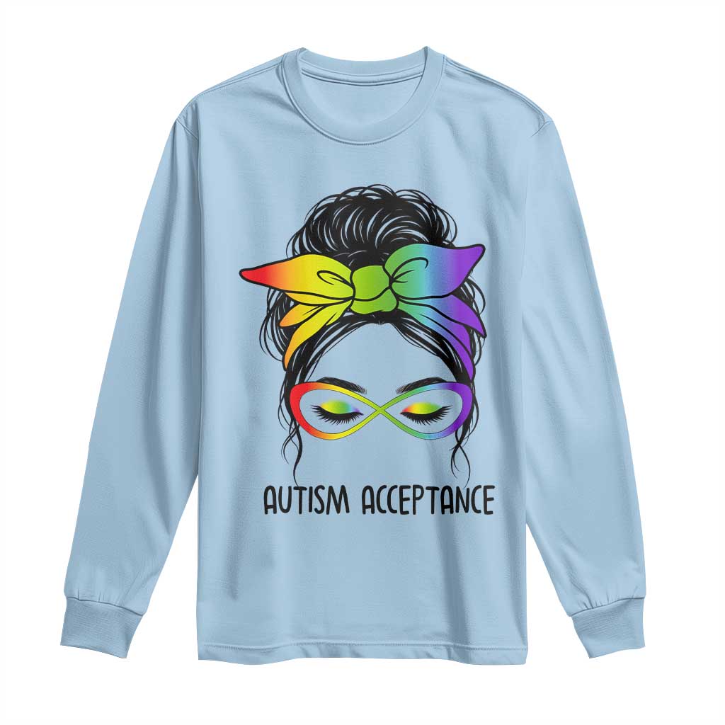 Autism Acceptance Long Sleeve Shirt - Neurodiversity Awareness Messy Bun Women TS14 Light Blue Print Your Wear