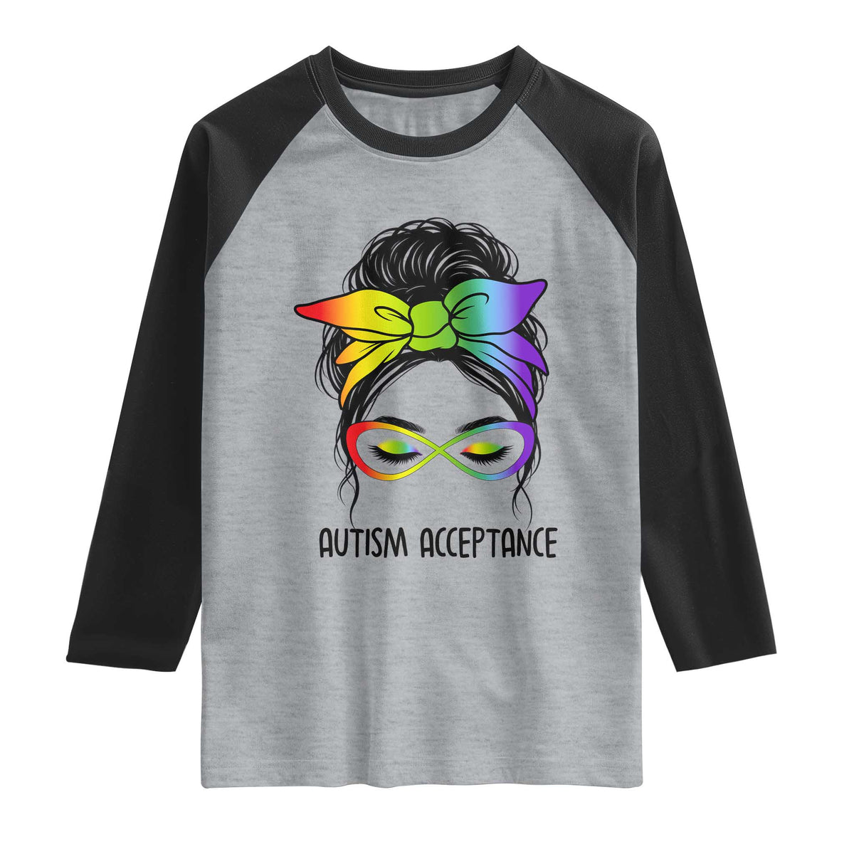 Autism Acceptance Raglan Shirt Neurodiversity Awareness Messy Bun Women TS14 Heather Gray Black Print Your Wear