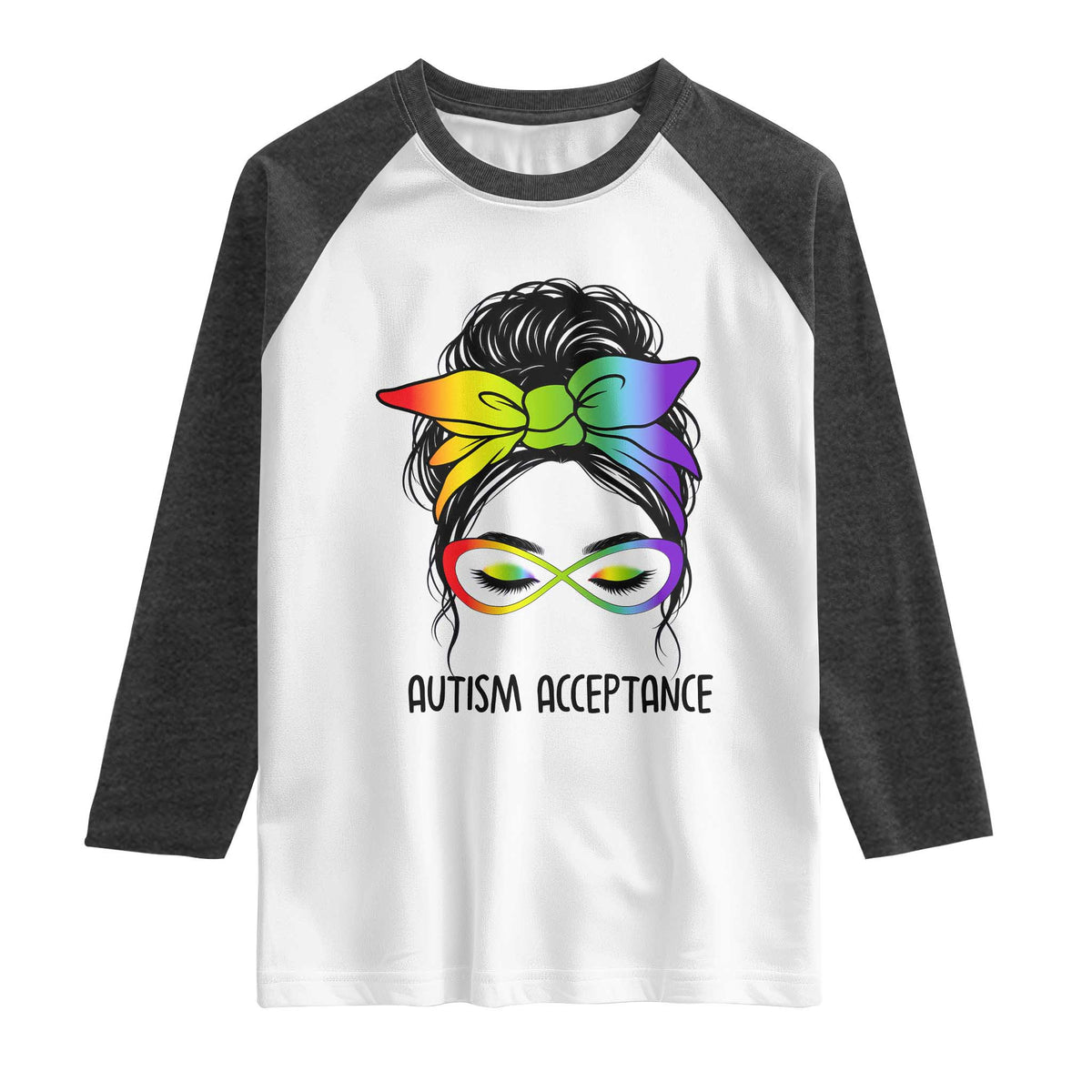 Autism Acceptance Raglan Shirt Neurodiversity Awareness Messy Bun Women TS14 White Heather Charcoal Print Your Wear